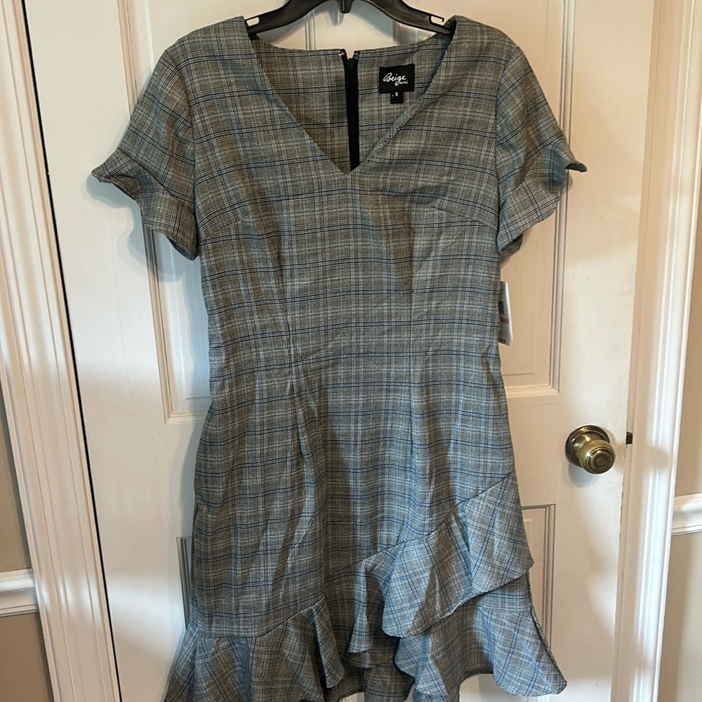 Beige by eco Blue Grey plaid print dress.